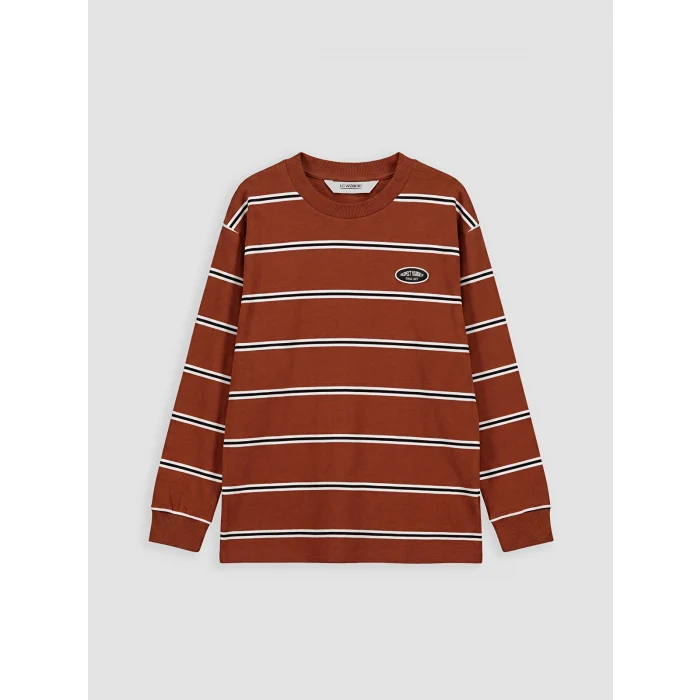 LCW Kids Kahverengi Bisiklet Yaka Çizgili Erkek Çocuk Tişört