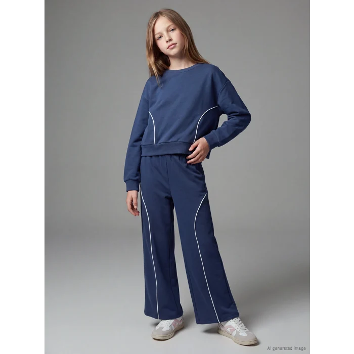 LCW Kids İndigo Bisiklet Yaka Kız Çocuk Soft Touch Eşofman Takım