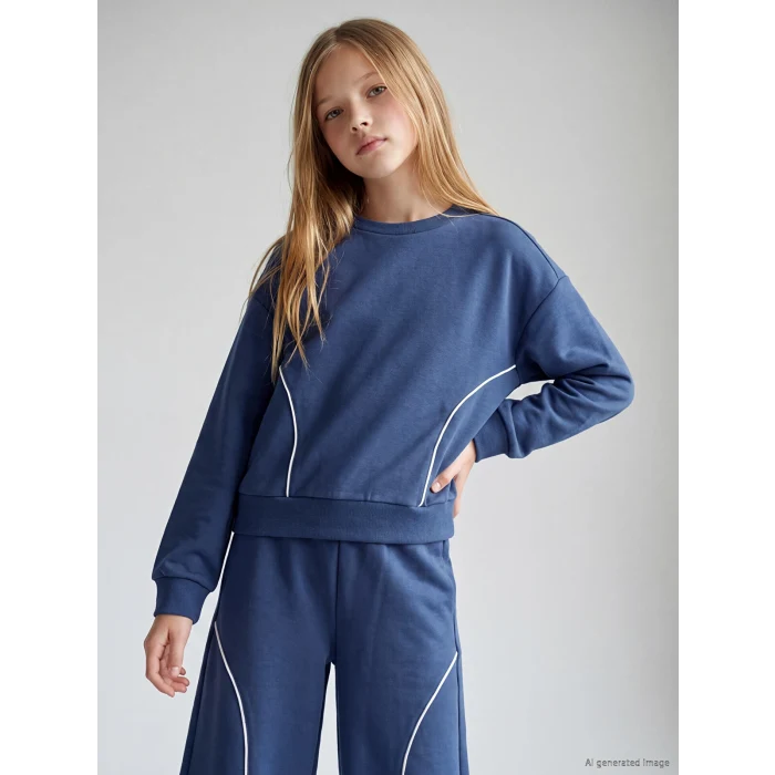 LCW Kids İndigo Bisiklet Yaka Kız Çocuk Soft Touch Eşofman Takım