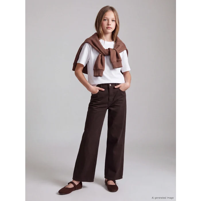 LCW Kids Kahverengi Wideleg Kız Çocuk Gabardin Pantolon