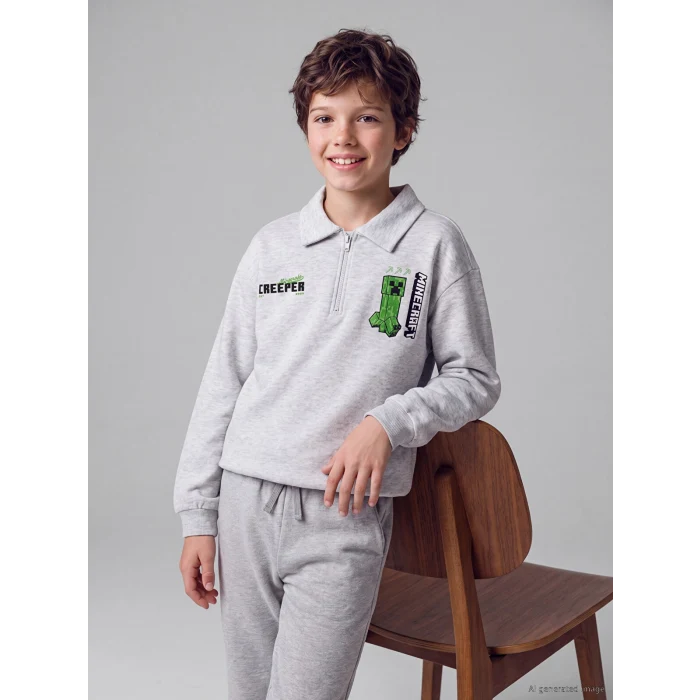 LCW Kids Gri Minecraft Baskılı Erkek Çocuk Sweatshirt