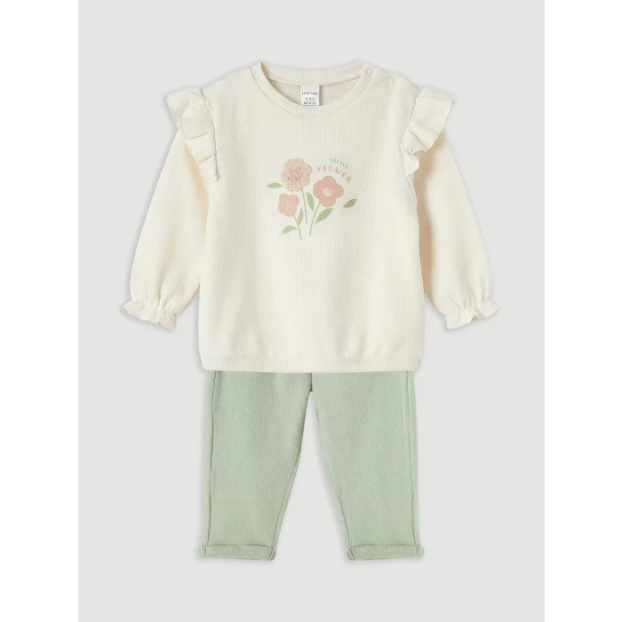 LCW baby Ekru Çiçek Baskılı Kız Bebek Takım