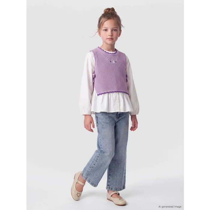 LCW Kids İndigo Taşlı Wideleg Kız Çocuk Jean Pantolon