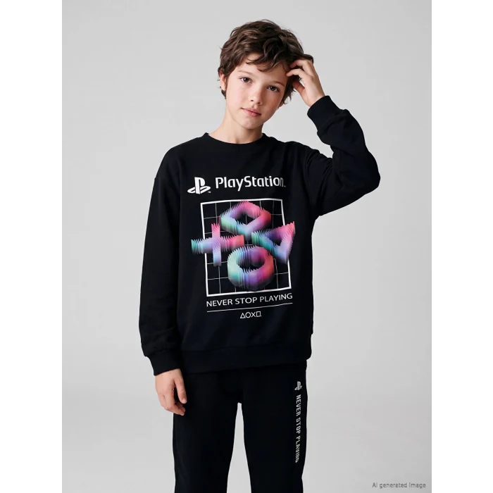 LCW Kids Siyah PlayStation Lisanslı Erkek Çocuk Sweatshirt