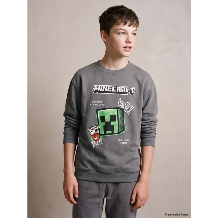 LCW Kids Gri Bisiklet Yaka Minecraft Baskılı Erkek Çocuk Sweatshirt