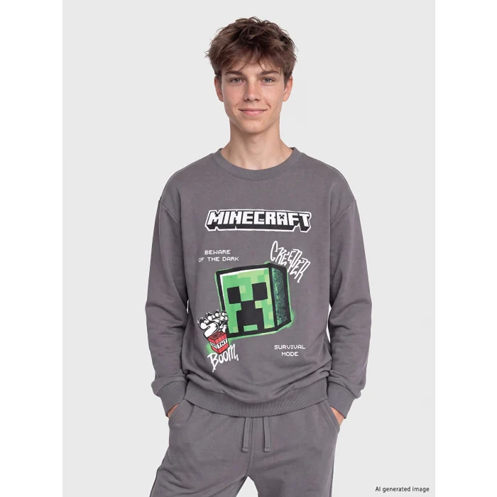 LCW Kids Gri Bisiklet Yaka Minecraft Baskılı Erkek Çocuk Sweatshirt
