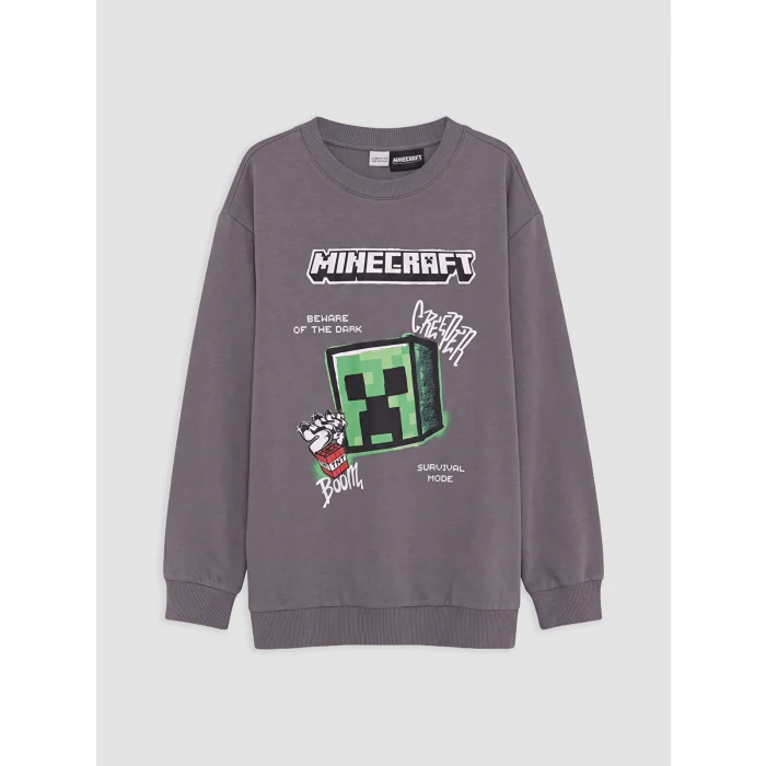 LCW Kids Gri Bisiklet Yaka Minecraft Baskılı Erkek Çocuk Sweatshirt
