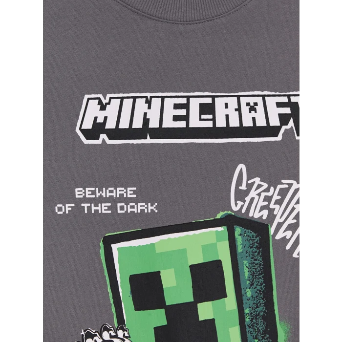 LCW Kids Gri Bisiklet Yaka Minecraft Baskılı Erkek Çocuk Sweatshirt