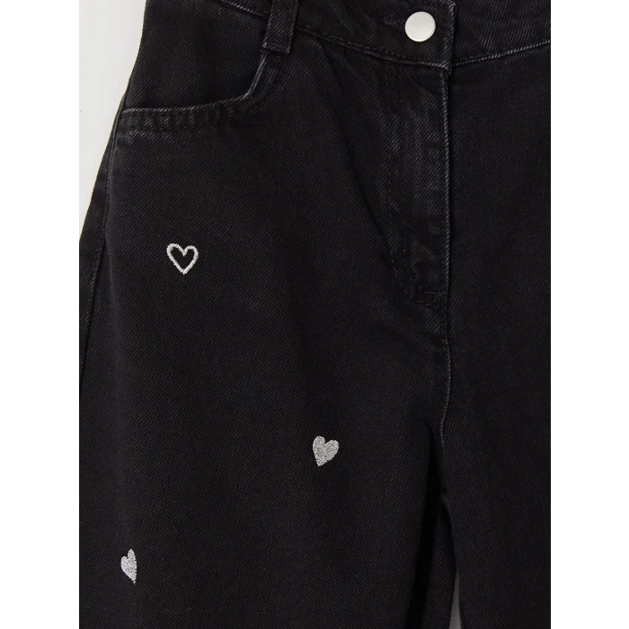 LCW Kids Siyah Balloon Fit Nakışlı Kız Çocuk Jean Pantolon