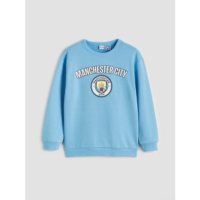 LCW Kids Mavi Bisiklet Yaka Manchester City Baskılı Erkek Çocuk Sweatshirt
