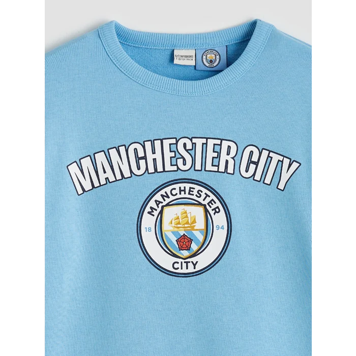 LCW Kids Mavi Bisiklet Yaka Manchester City Baskılı Erkek Çocuk Sweatshirt