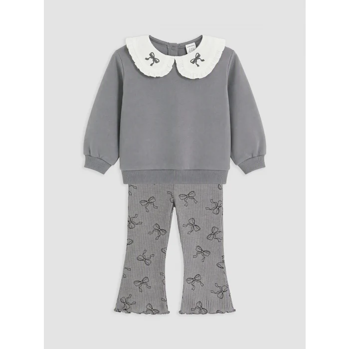 LCW baby Gri Fiyonk Nakışlı Kız Bebek Takım