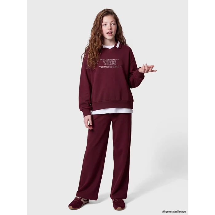 LCW Kids Bordo Polo Yaka Baskılı Kız Çocuk Eşofman Takım