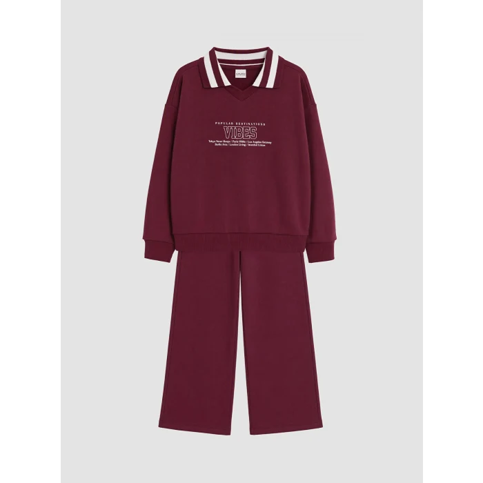 LCW Kids Bordo Polo Yaka Baskılı Kız Çocuk Eşofman Takım