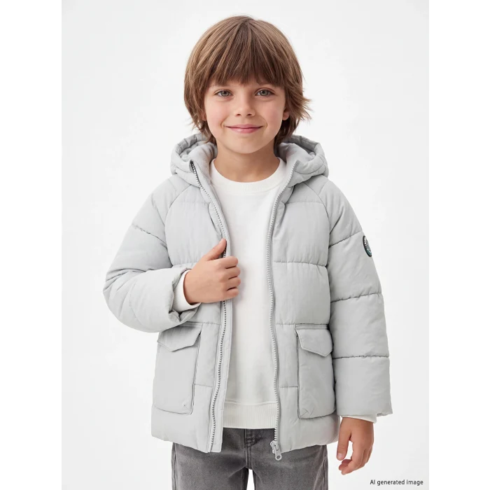 LCW Kids Gri Kapüşonlu Kapaklı Cepli Erkek Çocuk Mont