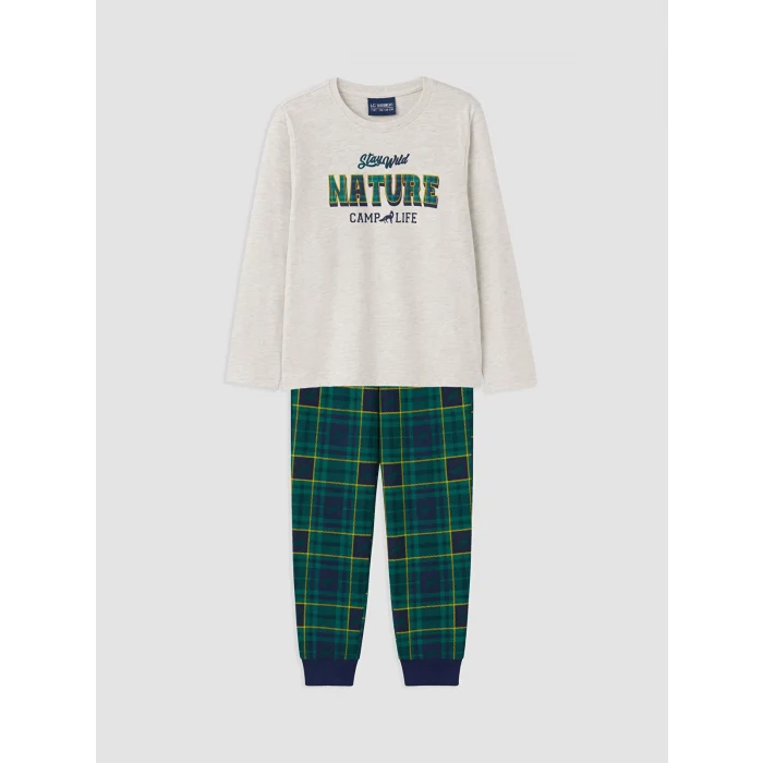 LCW Kids Ekru Bisiklet Yaka Baskılı Erkek Çocuk Pijama Takım