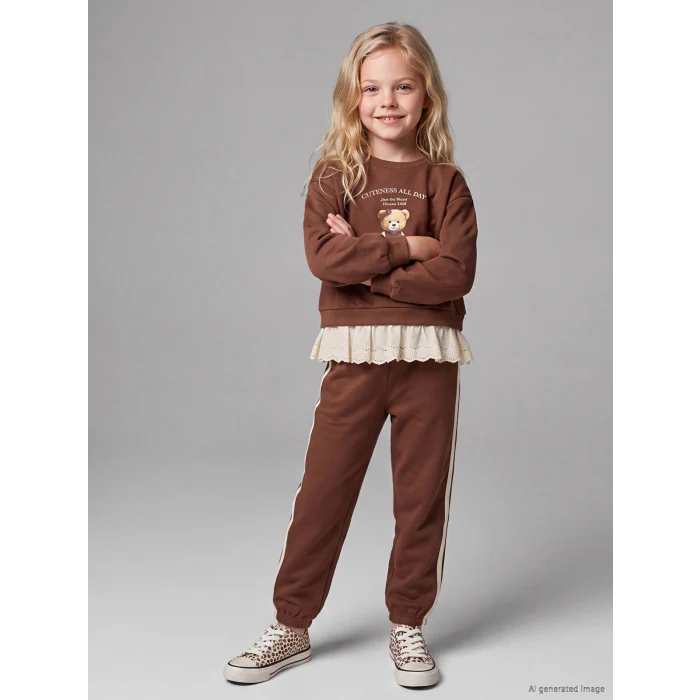 LCW Kids Kahverengi Ayı Teddy Baskılı Kız Çocuk Eşofman Takım