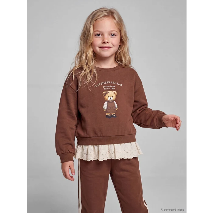 LCW Kids Kahverengi Ayı Teddy Baskılı Kız Çocuk Eşofman Takım