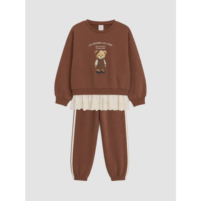 LCW Kids Kahverengi Ayı Teddy Baskılı Kız Çocuk Eşofman Takım