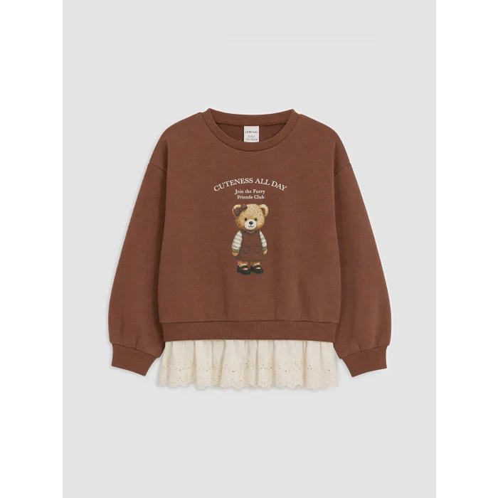 LCW Kids Kahverengi Ayı Teddy Baskılı Kız Çocuk Eşofman Takım