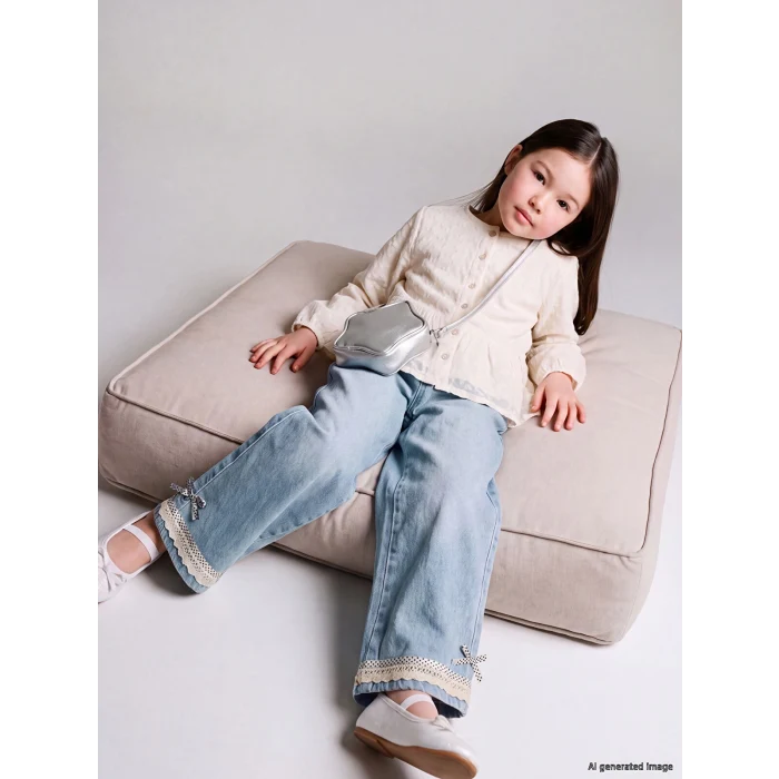 LCW Kids Mavi Dantel Detaylı Wideleg Kız Çocuk Jean Pantolon