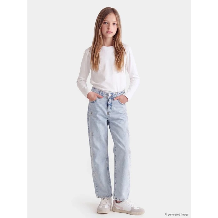 LCW Kids Mavi Straight Fit Taş İşlemeli Kız Çocuk Jean Pantolon