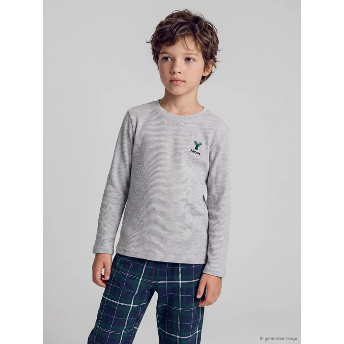 LCW Kids Gri Nakışlı Bisiklet Yaka Erkek Çocuk Pijama Takım