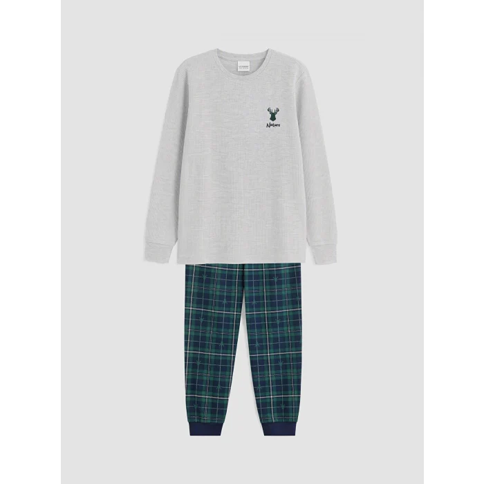 LCW Kids Gri Nakışlı Bisiklet Yaka Erkek Çocuk Pijama Takım