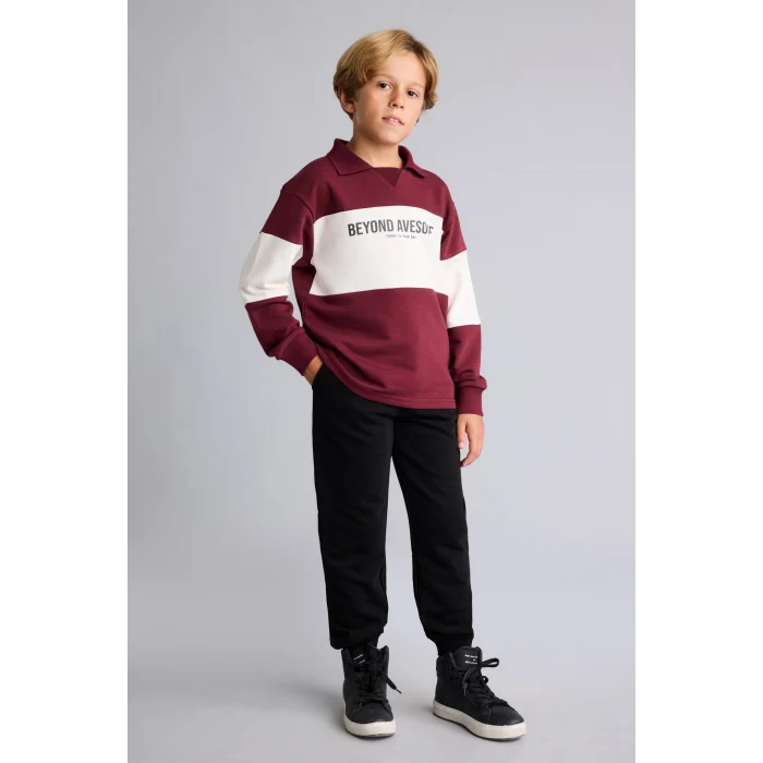 Defacto H8484A8BR115 Bordo Polo Yaka Baskılı Renk Bloklu 2li Takım Erkek Çocuk
