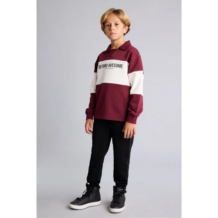 Defacto H8484A8BR115 Bordo Polo Yaka Baskılı Renk Bloklu 2li Takım Erkek Çocuk