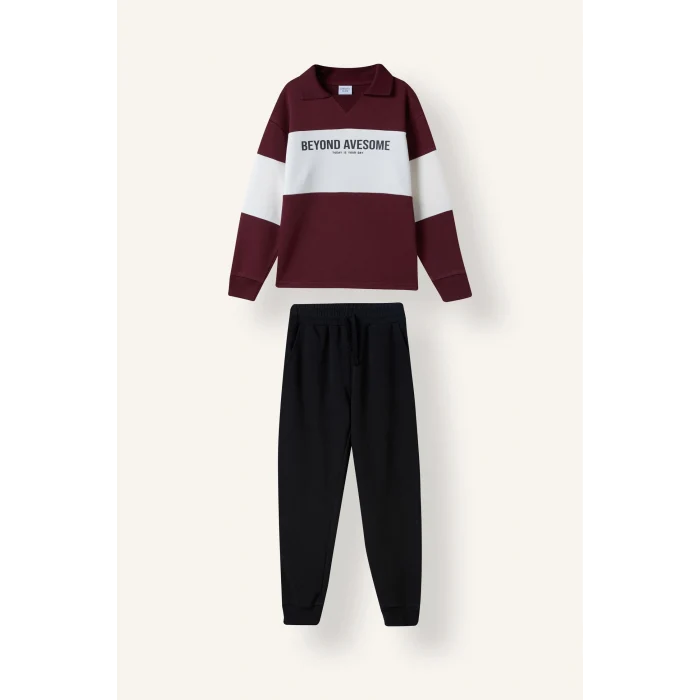 Defacto H8484A8BR115 Bordo Polo Yaka Baskılı Renk Bloklu 2li Takım Erkek Çocuk