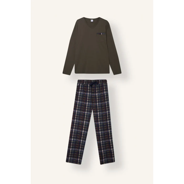 Defacto I2975AXKH148 Haki New Regular Fit V Yaka Uzun Kollu Ekose 2li Pijama Takımı