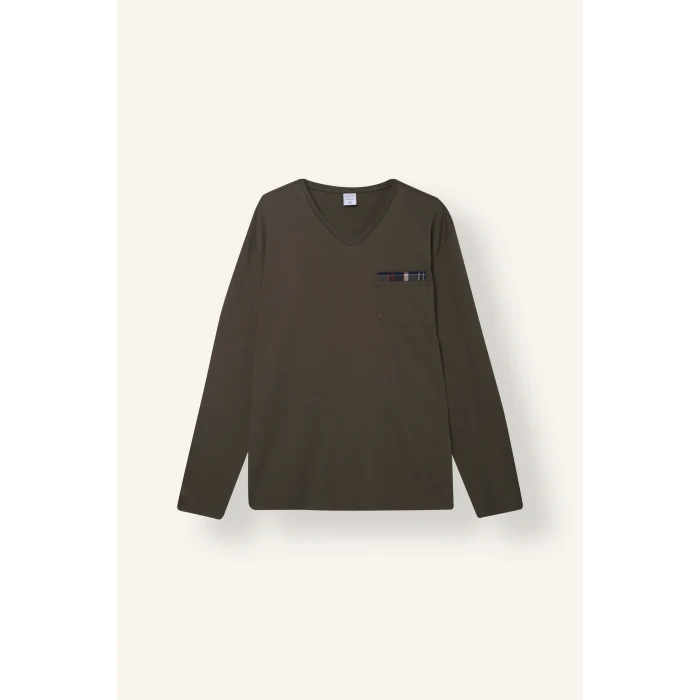 Defacto I2975AXKH148 Haki New Regular Fit V Yaka Uzun Kollu Ekose 2li Pijama Takımı