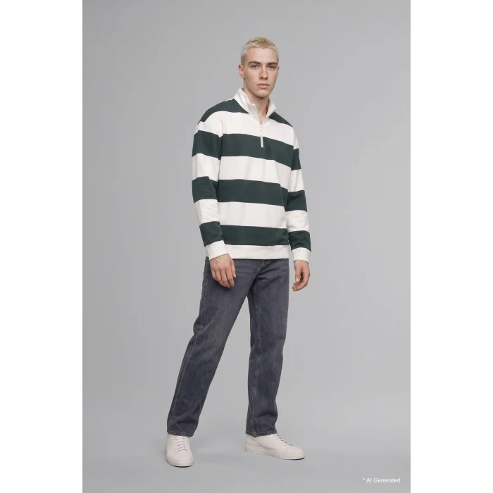 Defacto C7045AXGN498 Yeşil Boxy Fit Dik Yaka Yarım Fermuarlı Çizgili Sweatshirt