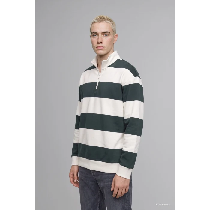 Defacto C7045AXGN498 Yeşil Boxy Fit Dik Yaka Yarım Fermuarlı Çizgili Sweatshirt