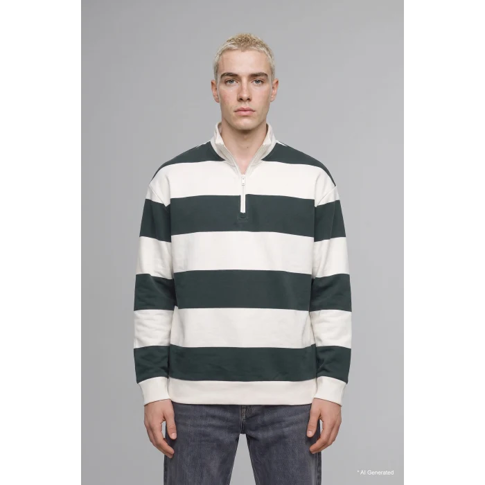 Defacto C7045AXGN498 Yeşil Boxy Fit Dik Yaka Yarım Fermuarlı Çizgili Sweatshirt