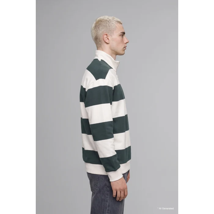 Defacto C7045AXGN498 Yeşil Boxy Fit Dik Yaka Yarım Fermuarlı Çizgili Sweatshirt