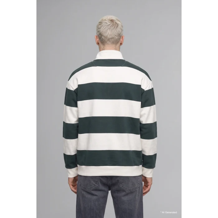 Defacto C7045AXGN498 Yeşil Boxy Fit Dik Yaka Yarım Fermuarlı Çizgili Sweatshirt