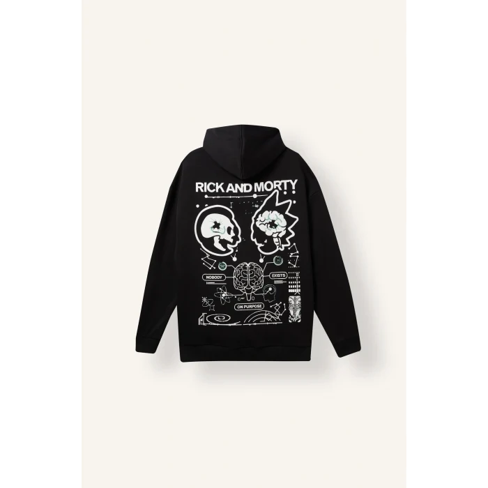 Defacto H2725AXBK81 Siyah Rick and Morty Boxy Fit Kapüşonlu Kanguru Cepli Baskılı Sweatshirt