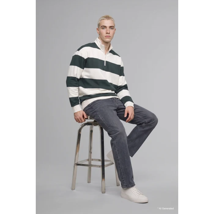 Defacto C7045AXGN498 Yeşil Boxy Fit Dik Yaka Yarım Fermuarlı Çizgili Sweatshirt