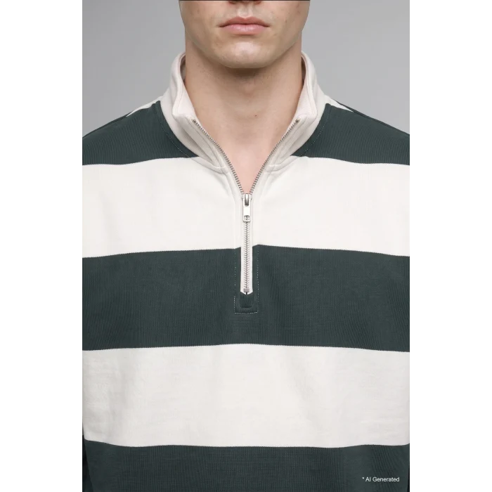 Defacto C7045AXGN498 Yeşil Boxy Fit Dik Yaka Yarım Fermuarlı Çizgili Sweatshirt