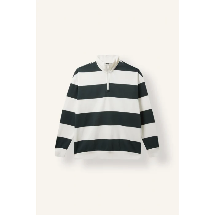 Defacto C7045AXGN498 Yeşil Boxy Fit Dik Yaka Yarım Fermuarlı Çizgili Sweatshirt