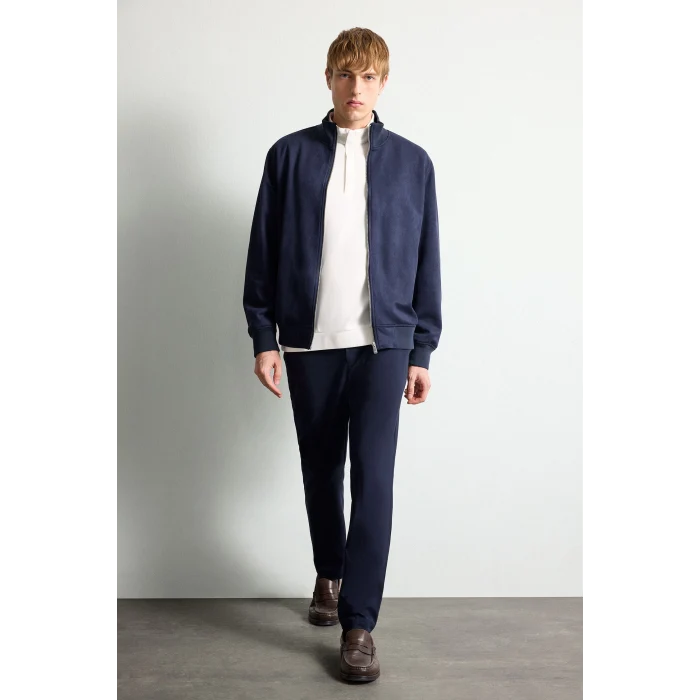 Defacto D1524AXNV253 Lacivert Ultra Yumuşak Slim Fit Dik Yaka Astarlı Fermuarlı Cepli Süet Mevsimlik Mont
