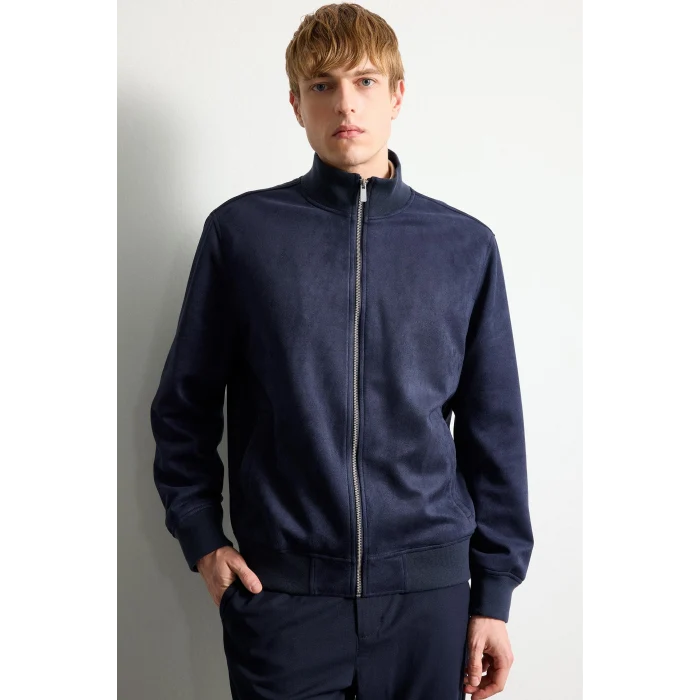 Defacto D1524AXNV253 Lacivert Ultra Yumuşak Slim Fit Dik Yaka Astarlı Fermuarlı Cepli Süet Mevsimlik Mont