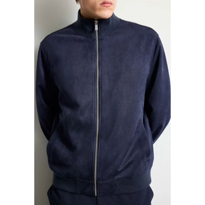 Defacto D1524AXNV253 Lacivert Ultra Yumuşak Slim Fit Dik Yaka Astarlı Fermuarlı Cepli Süet Mevsimlik Mont