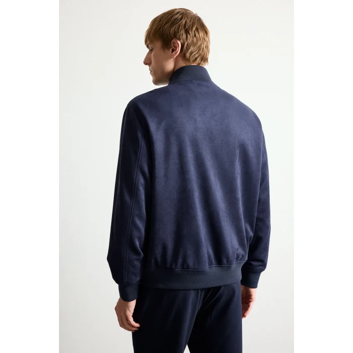 Defacto D1524AXNV253 Lacivert Ultra Yumuşak Slim Fit Dik Yaka Astarlı Fermuarlı Cepli Süet Mevsimlik Mont