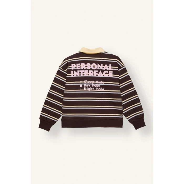 Defacto I8342A8BN267 Kahve Oversize Polo Yaka Çizgili Baskılı Sweatshirt Kız Çocuk