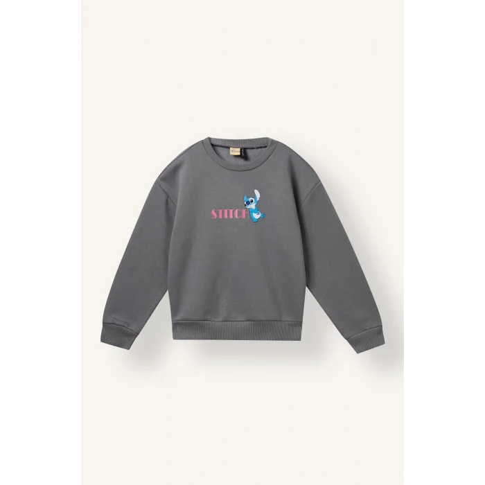 Defacto I3555A8GR211 Gri Disney Lilo & Stitch Relaxed Fit Bisiklet Yaka Baskılı Sweatshirt Kız Çocuk