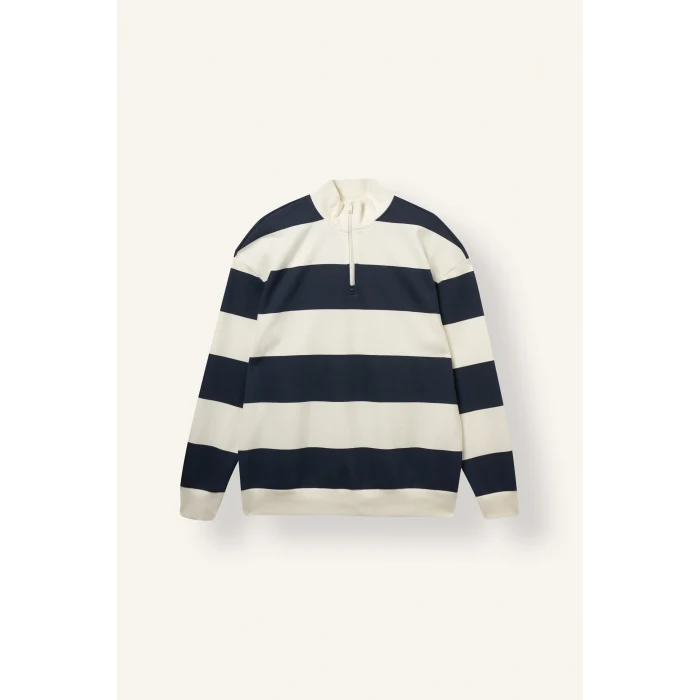 Defacto C7045AXNV94 Lacivert Boxy Fit Dik Yaka Yarım Fermuarlı Çizgili Sweatshirt