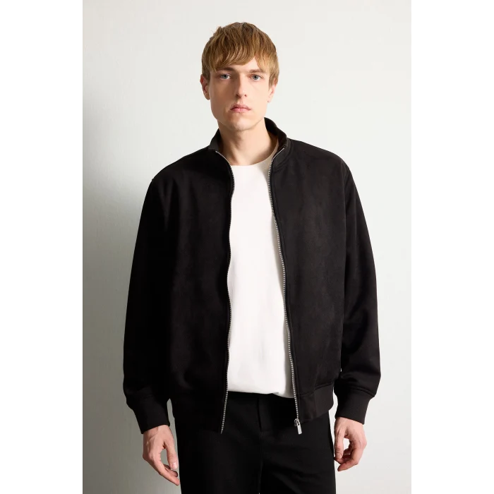 Defacto D1524AXBK27 Siyah Ultra Yumuşak Slim Fit Dik Yaka Astarlı Fermuarlı Cepli Süet Mevsimlik Mont